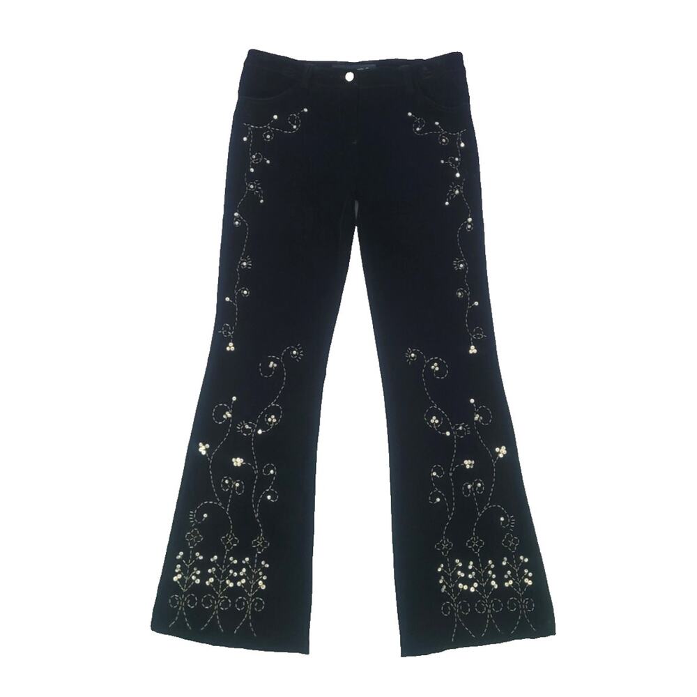 VTG Y2k Black Velvet Embroidered Beaded Flared Pants Sz 8 Whimsigoth Boho Chic